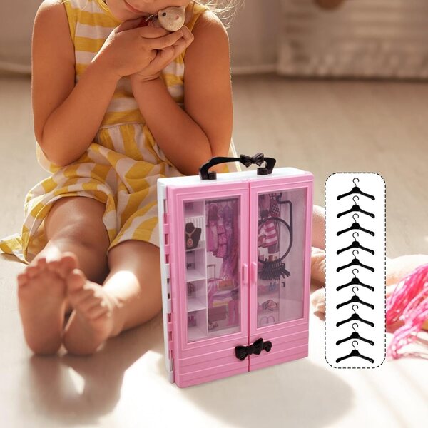 Oshhni Armadio per Bambole con 10 Grucce e Cassetto Organizer, Rosa e Nero