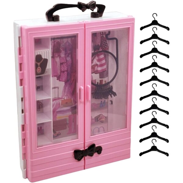Oshhni Armadio per Bambole con 10 Grucce e Cassetto Organizer, Rosa e Nero