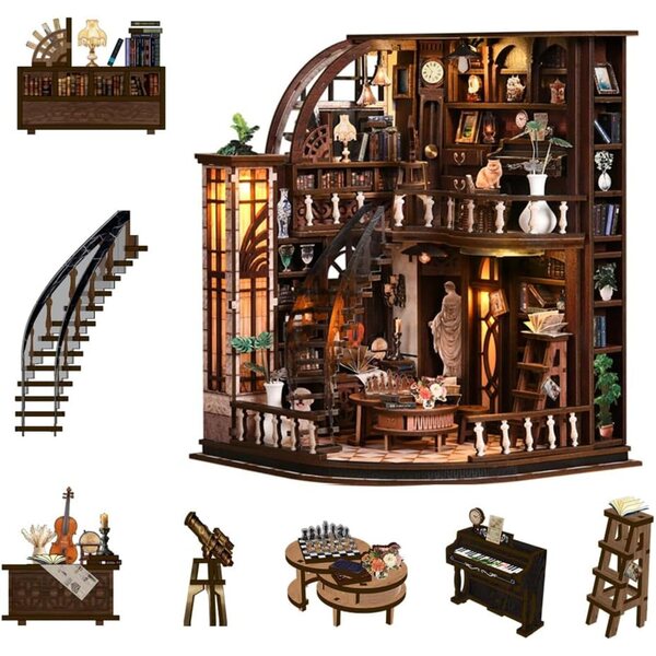 1:24 Mini-Puppenhaus-Bausatz mit LED-Leuchten, europäischen Möbeln und Zubehör