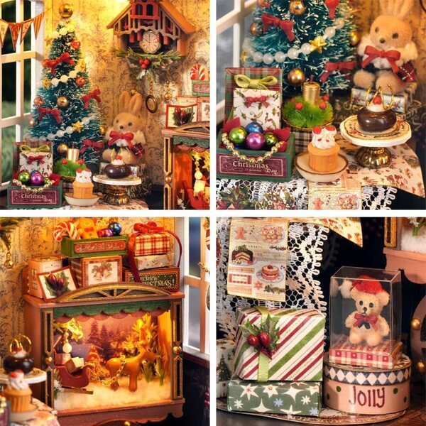 Mini mobili casa delle bambole Natale con luci LED scala 1:24 kit fai da te creativo