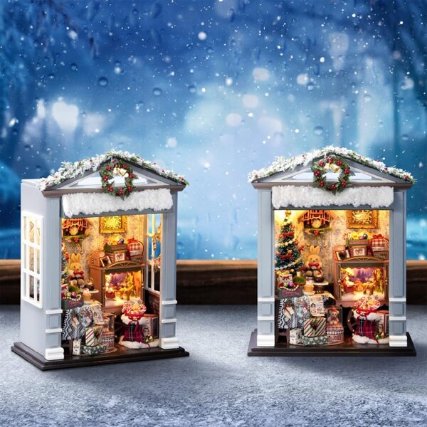 Mini mobili casa delle bambole Natale con luci LED scala 1:24 kit fai da te creativo