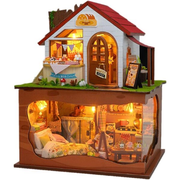 Kit casa delle bambole fai da te in legno con luci LED e mobili miniatura, modello a due livelli