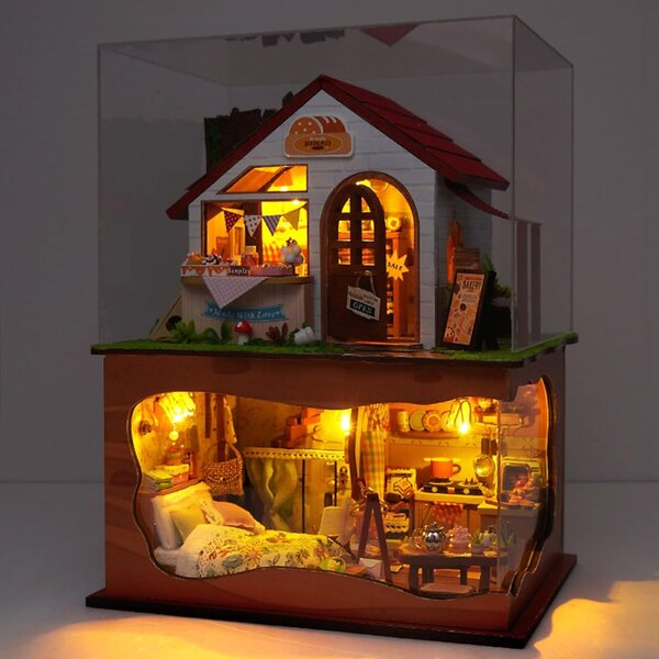 DIY-Puppenhaus-Bausatz aus Holz mit LED-Leuchten und Miniaturmöbeln, zweistöckiges Modell