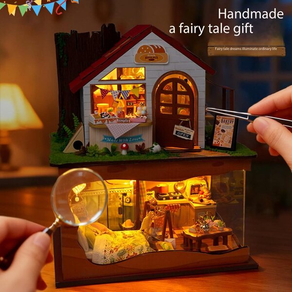 DIY-Puppenhaus-Bausatz aus Holz mit LED-Leuchten und Miniaturmöbeln, zweistöckiges Modell