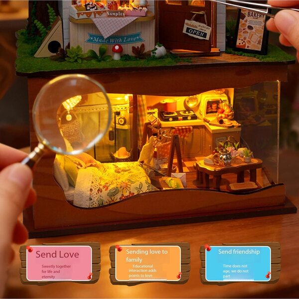 DIY-Puppenhaus-Bausatz aus Holz mit LED-Leuchten und Miniaturmöbeln, zweistöckiges Modell