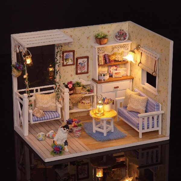 Honghuang DIY Puppenhaus-Bausatz mit LED und Miniaturmöbeln aus Holz
