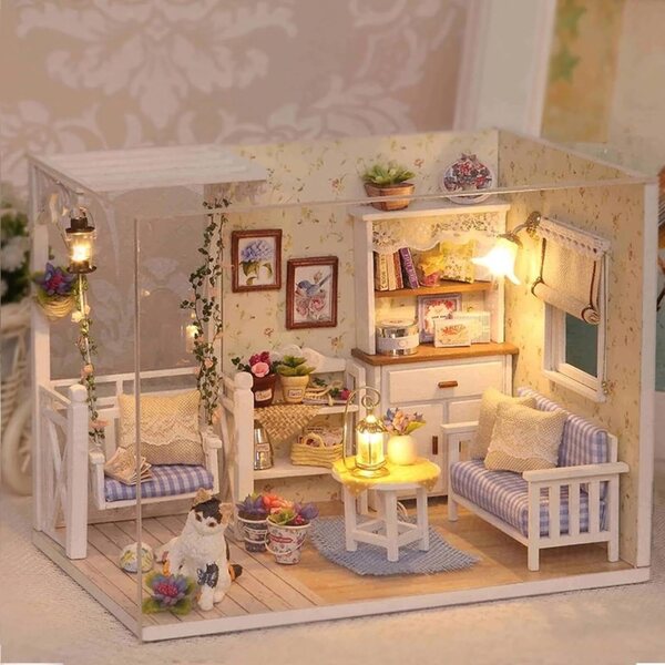 Honghuang DIY Puppenhaus-Bausatz mit LED und Miniaturmöbeln aus Holz