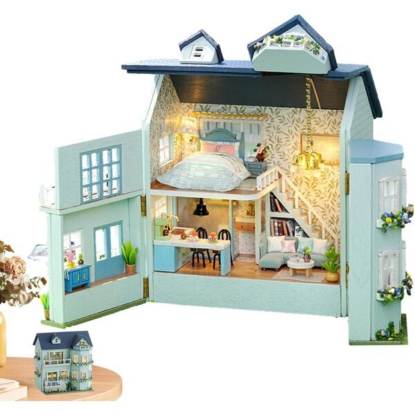 Kit fai da te casa delle bambole in legno con mobili miniatura e luci LED
