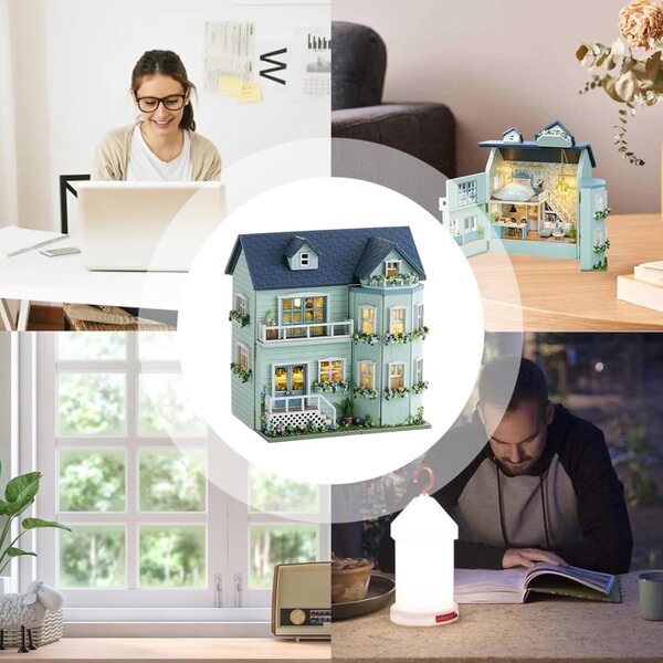 Kit fai da te casa delle bambole in legno con mobili miniatura e luci LED