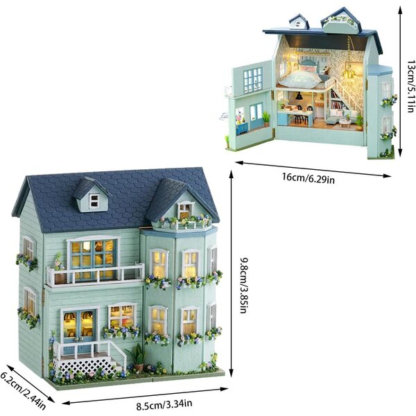 Kit fai da te casa delle bambole in legno con mobili miniatura e luci LED