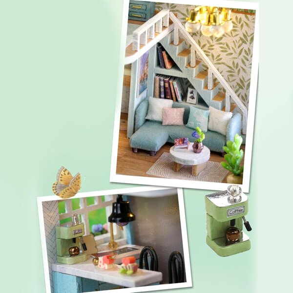 Kit fai da te casa delle bambole in legno con mobili miniatura e luci LED