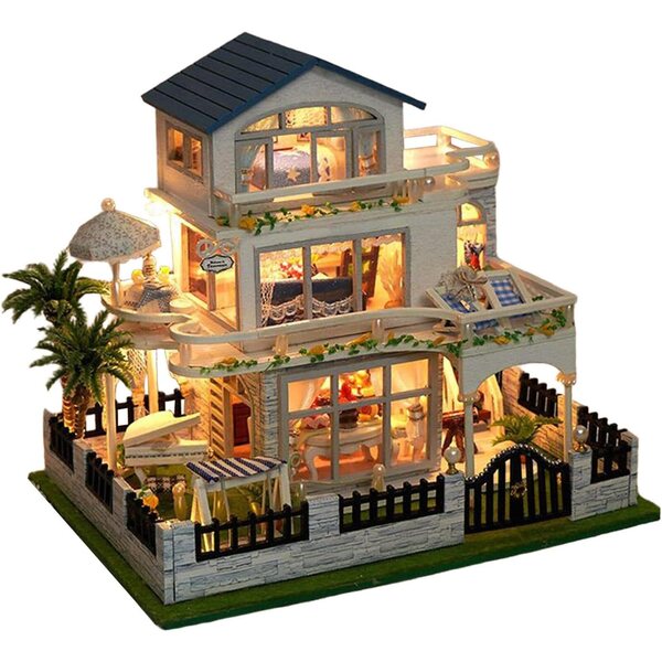 Kit Casa in Miniatura in Legno con LED - Modello 3D Fai da Te per Bambole e Ville
