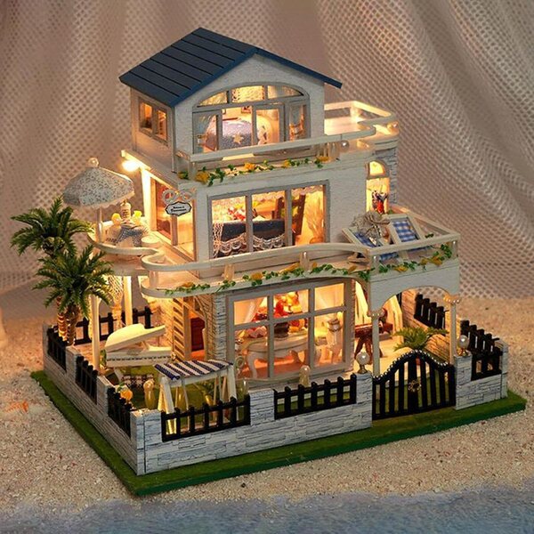 Kit Casa in Miniatura in Legno con LED - Modello 3D Fai da Te per Bambole e Ville