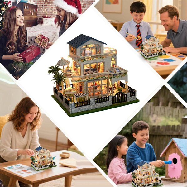 Kit Casa in Miniatura in Legno con LED - Modello 3D Fai da Te per Bambole e Ville