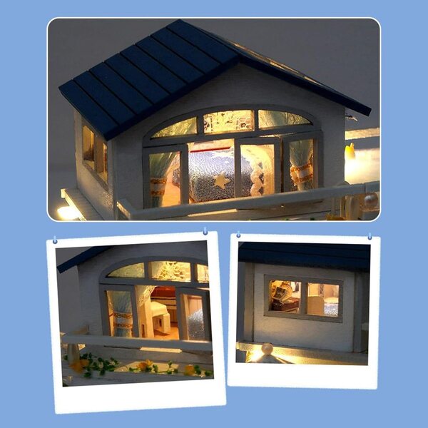 Kit Casa in Miniatura in Legno con LED - Modello 3D Fai da Te per Bambole e Ville