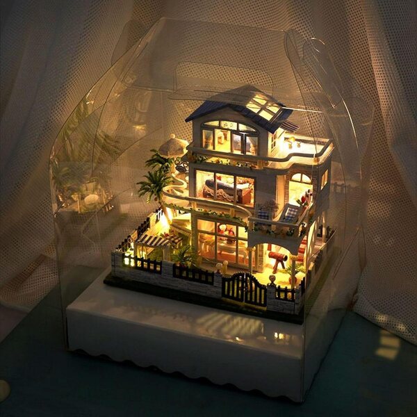 Kit Casa in Miniatura in Legno con LED - Modello 3D Fai da Te per Bambole e Ville