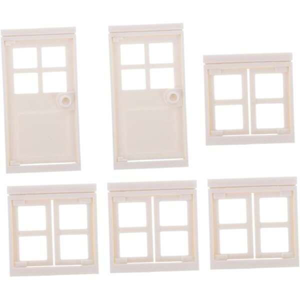 Set mit 6 Kunststoffzubehörteilen für Puppenhäuser: 4 Fenster + 2 beige Miniaturtüren