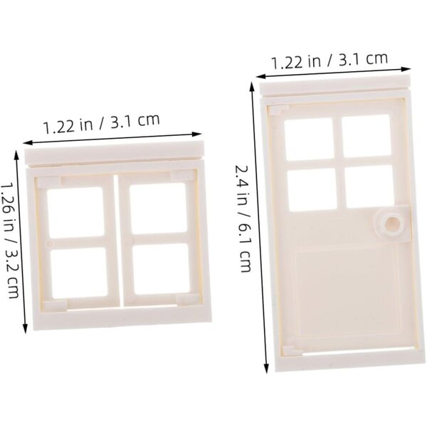 Set mit 6 Kunststoffzubehörteilen für Puppenhäuser: 4 Fenster + 2 beige Miniaturtüren