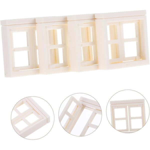 Set mit 6 Kunststoffzubehörteilen für Puppenhäuser: 4 Fenster + 2 beige Miniaturtüren