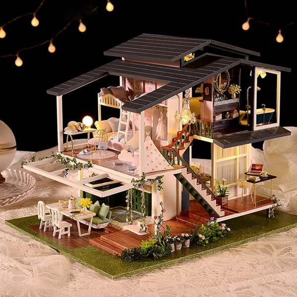 360° Mini-Puppenhaus im französischen Stil mit LED-Lichtern – Bausatz aus Holz