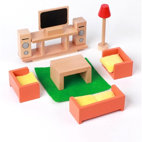 Qectial Holzmöbel-Set für Puppenhäuser – Miniatur-Wohn- und Schlafzimmerspiele