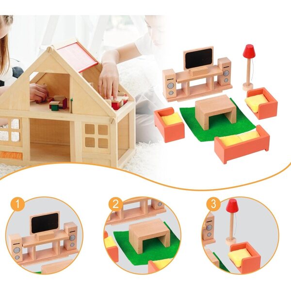 Qectial Holzmöbel-Set für Puppenhäuser – Miniatur-Wohn- und Schlafzimmerspiele