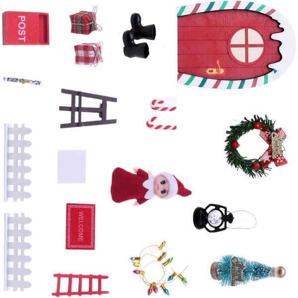 Set case bambole Natale in legno robusto con porta arcobaleno rosso verde, gioco e decorazione