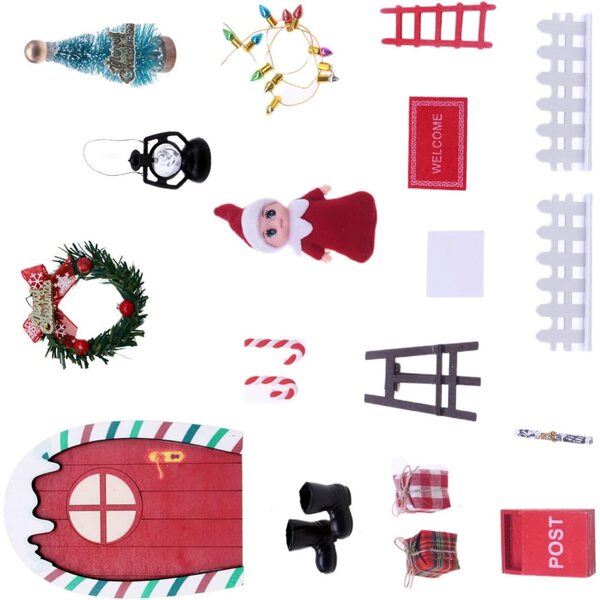 Set case bambole Natale in legno robusto con porta arcobaleno rosso verde, gioco e decorazione