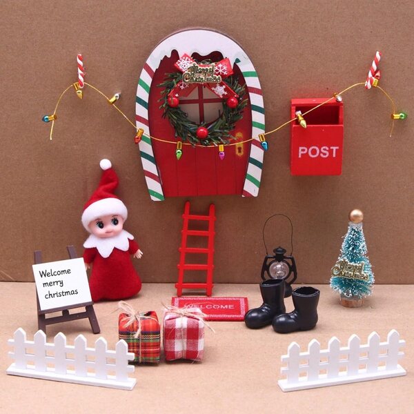 Set case bambole Natale in legno robusto con porta arcobaleno rosso verde, gioco e decorazione