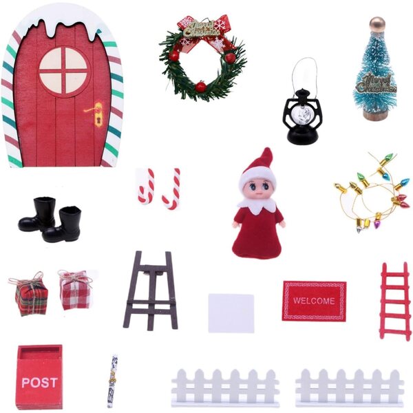 Set case bambole Natale in legno robusto con porta arcobaleno rosso verde, gioco e decorazione