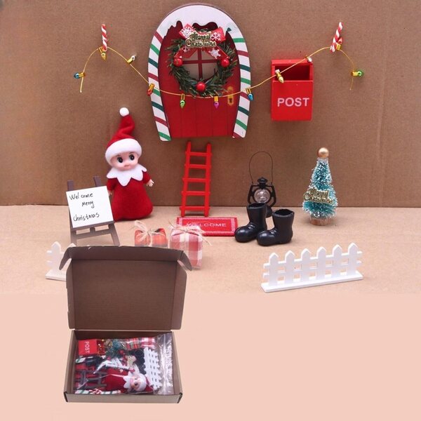 Set case bambole Natale in legno robusto con porta arcobaleno rosso verde, gioco e decorazione