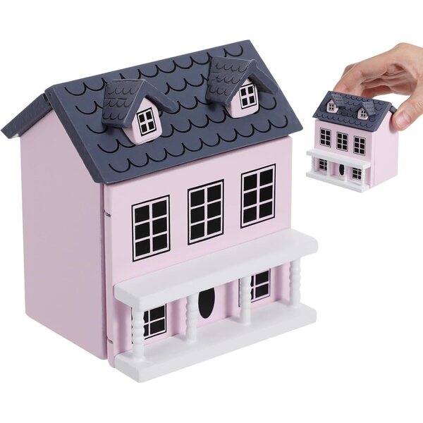 Mini Casa in Legno Rosa con Tetto Grigio per Decorazione Scrivania e Miniature