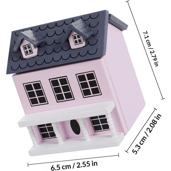 Mini Casa in Legno Rosa con Tetto Grigio per Decorazione Scrivania e Miniature