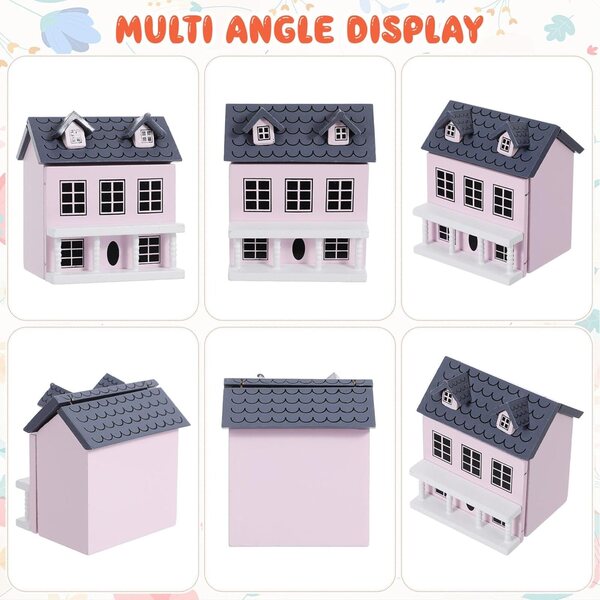 Mini Casa in Legno Rosa con Tetto Grigio per Decorazione Scrivania e Miniature