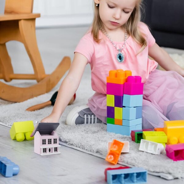 Mini Casa in Legno Rosa con Tetto Grigio per Decorazione Scrivania e Miniature