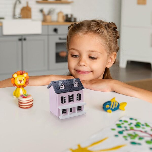 Mini Casa in Legno Rosa con Tetto Grigio per Decorazione Scrivania e Miniature