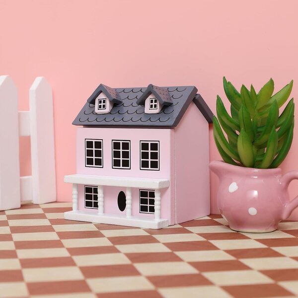Mini Casa in Legno Rosa con Tetto Grigio per Decorazione Scrivania e Miniature