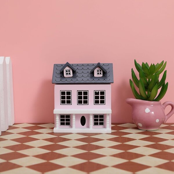 Mini Casa in Legno Rosa e Blu, Ornamento Decorativo per Micro Paesaggi Creativi