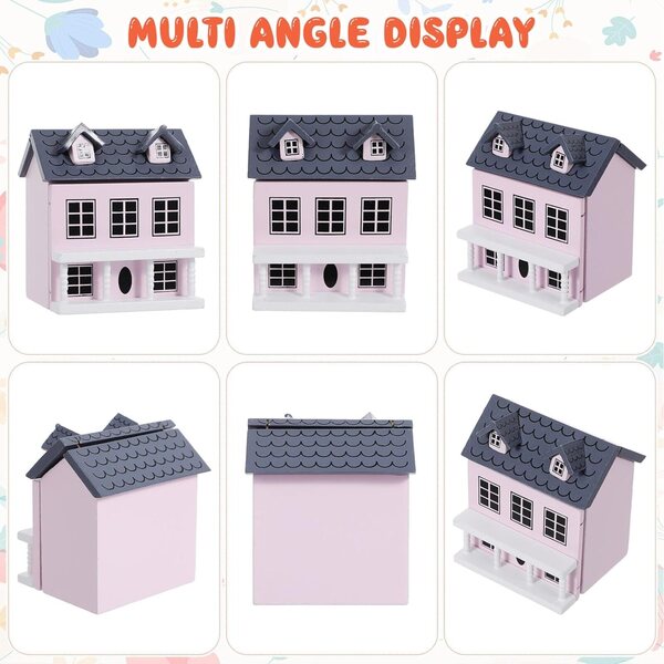 Mini Casa in Legno Rosa e Blu, Ornamento Decorativo per Micro Paesaggi Creativi