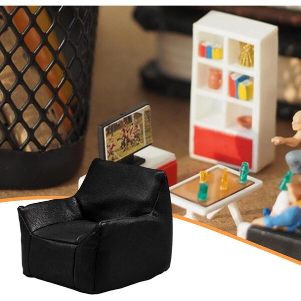 Miniatursofa aus schwarzem PU für Puppenhaus 1:12 Vintage Sessel