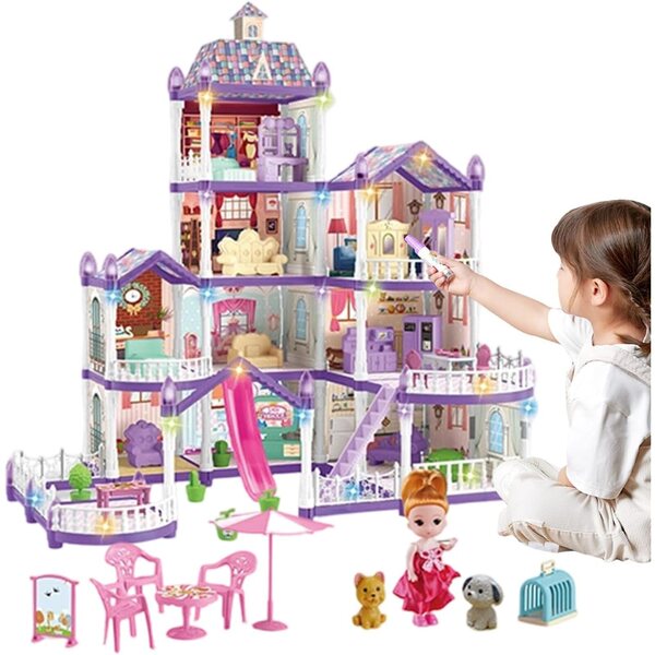 Casa delle bambole 4 piani con 13 camere, 3 principesse e 2 cuccioli per bambini 4-6 anni