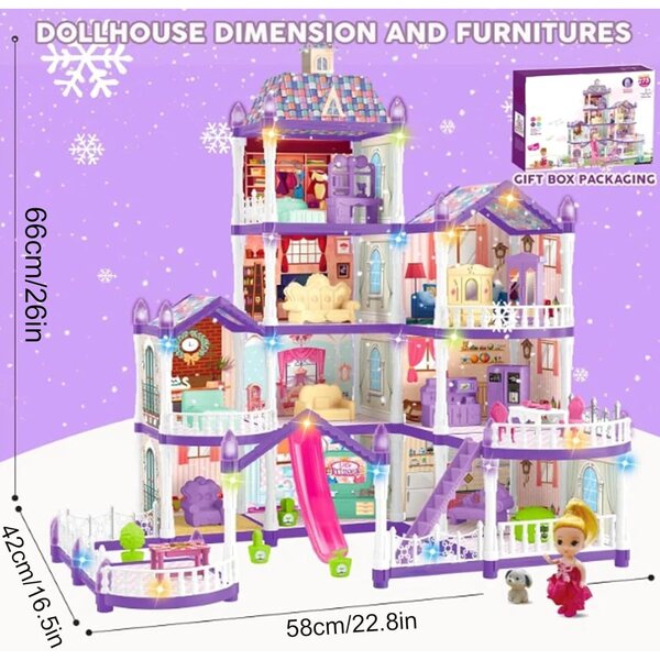 Casa delle bambole 4 piani con 13 camere, 3 principesse e 2 cuccioli per bambini 4-6 anni