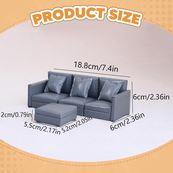 Miniatur-3-Sitzer-Sofa aus PU und Holz für Puppenhaus 1:12, Grau