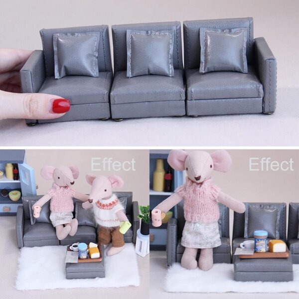 Miniatur-3-Sitzer-Sofa aus PU und Holz für Puppenhaus 1:12, Grau
