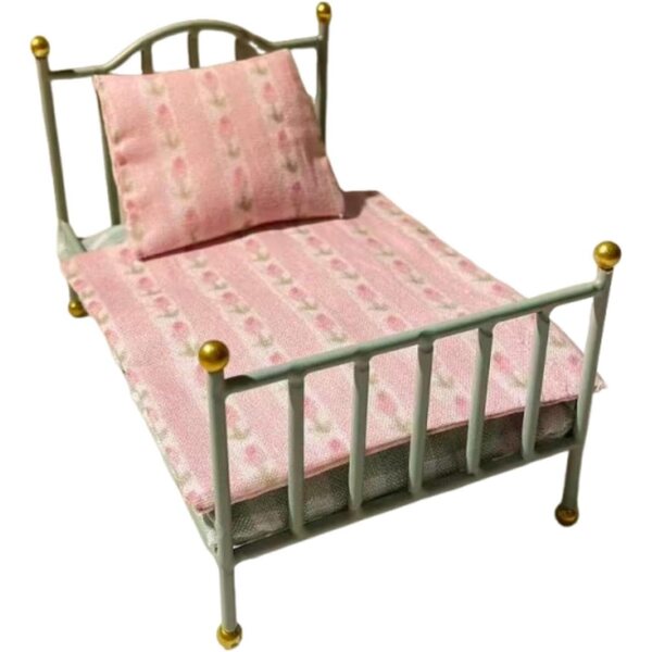 Letto Casa delle Bambole Miniatura 1:12 con Biancheria Verde, Accessori Decorativi