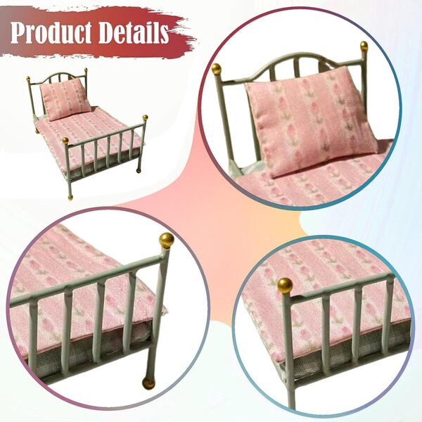 Letto Casa delle Bambole Miniatura 1:12 con Biancheria Verde, Accessori Decorativi