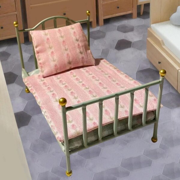 Letto Casa delle Bambole Miniatura 1:12 con Biancheria Verde, Accessori Decorativi