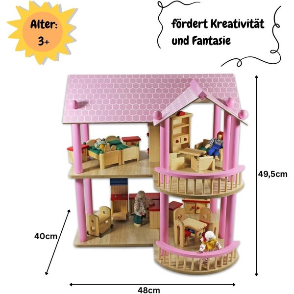 Casa delle bambole in legno con 2 piani, 22 mobili e famiglia di bambole completa