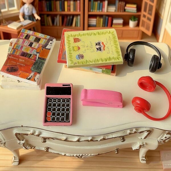 Sharplace Set 10 Accessori Miniatura per Casa delle Bambole - Libri, Cuffie, Spillatrice e Calcolatrice