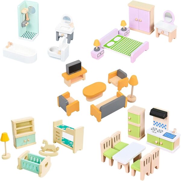 Set 30 pezzi mobili in legno per casa delle bambole, accessori realistici e colorati